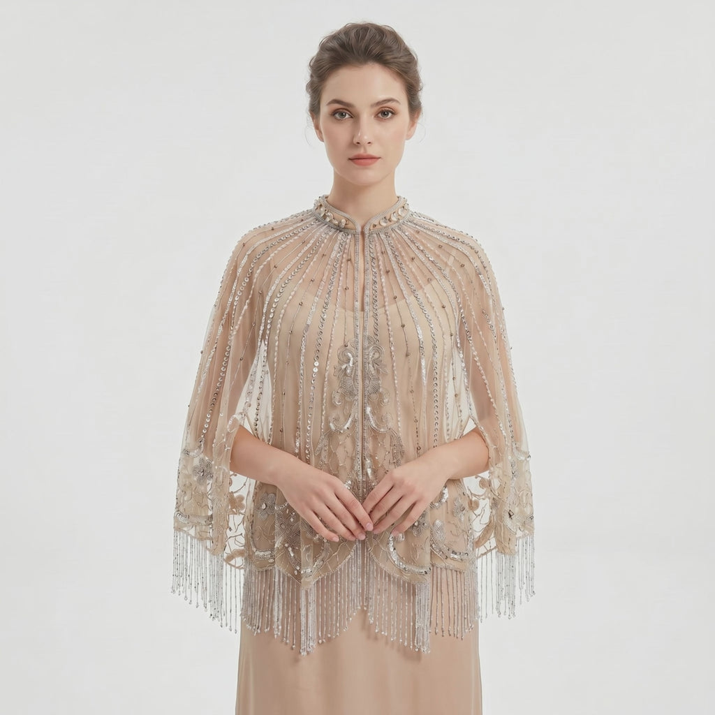 The "Amara" Beaded Fringe Capelet, Champagne