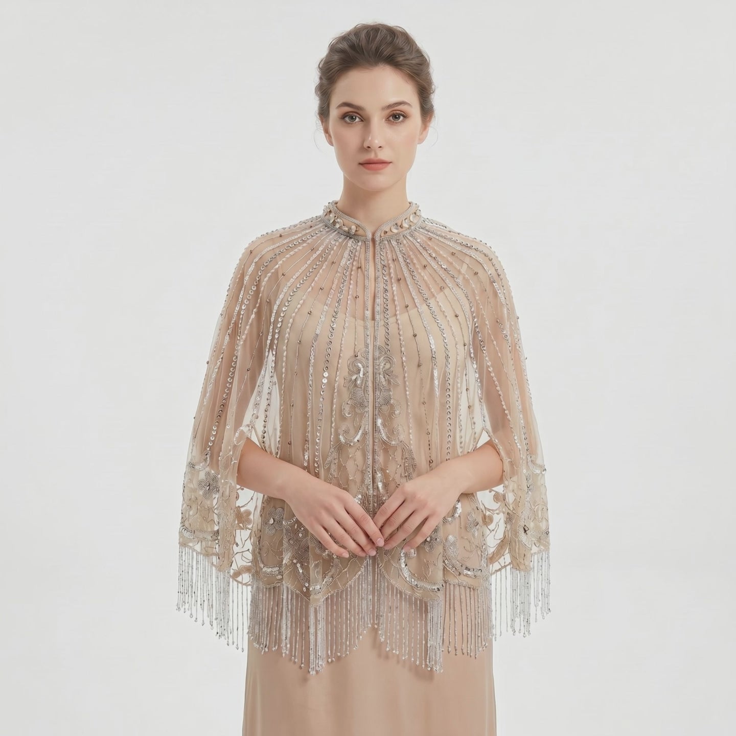 The "Amara" Beaded Fringe Capelet, Champagne