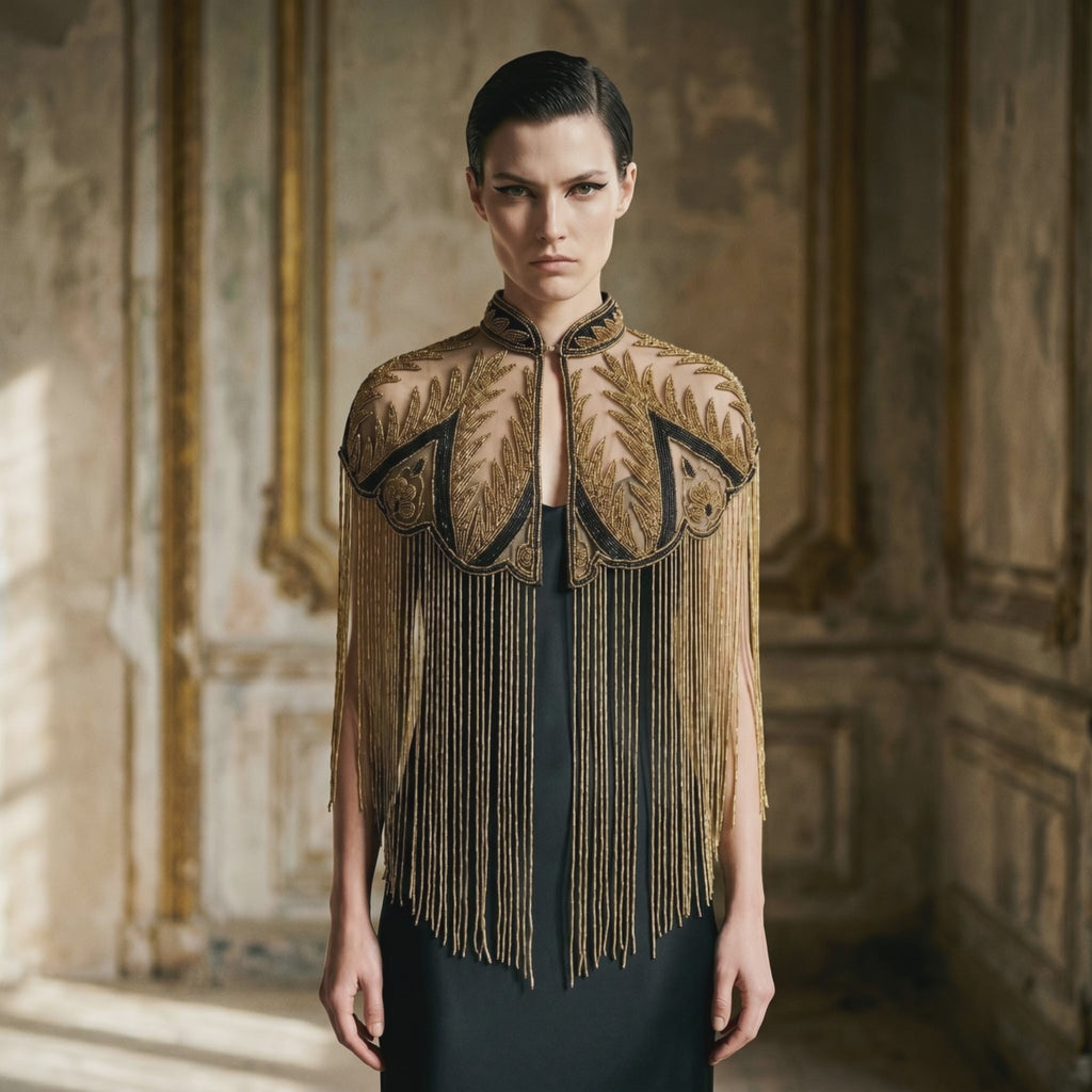 Palm Royale Beaded Capelet, Black & Gold