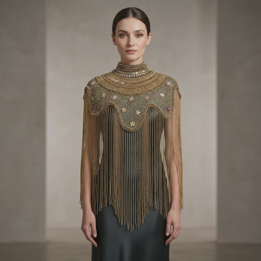 The "Antique Garden" Beaded Fringe Cape, Black & Gold