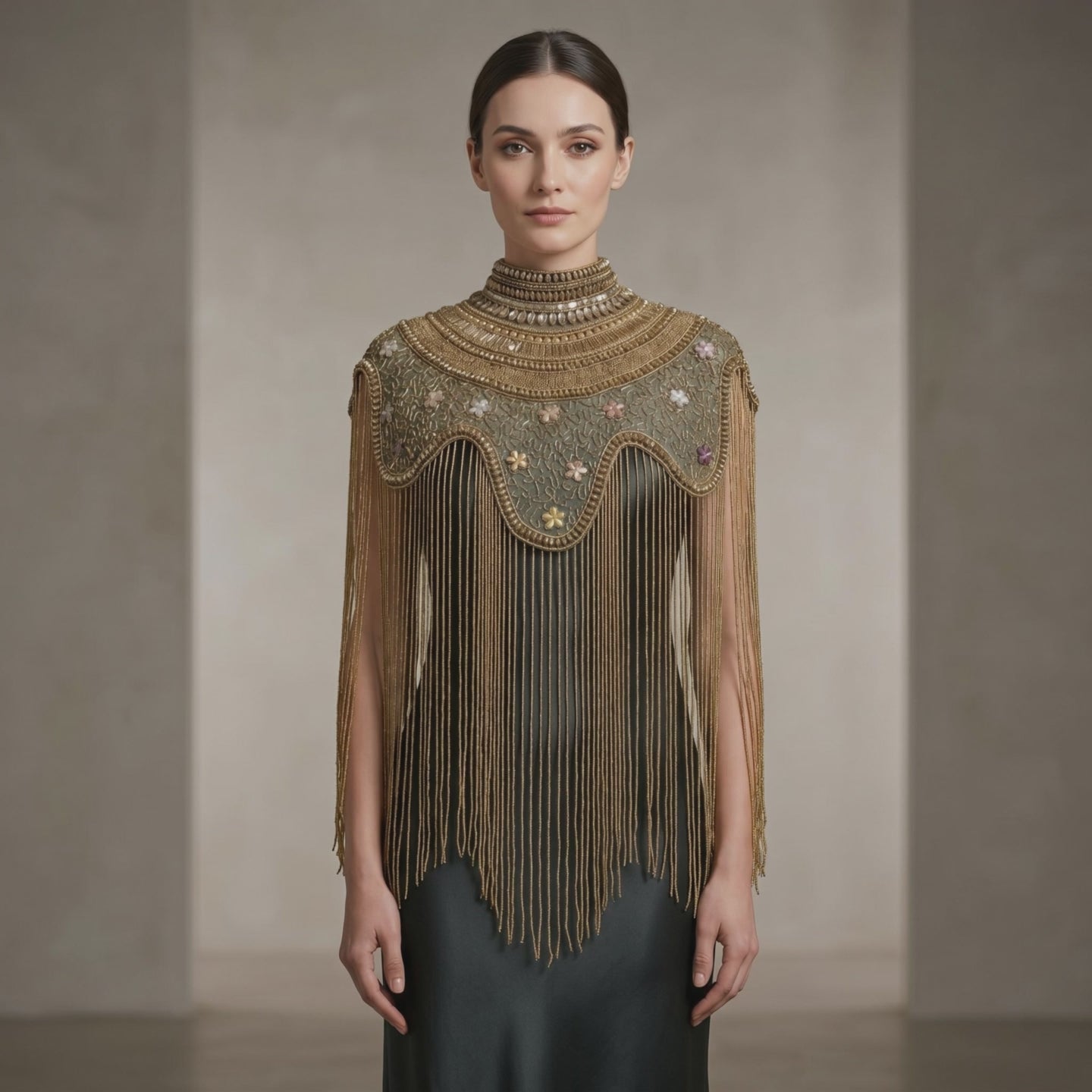 The "Antique Garden" Beaded Fringe Cape, Black & Gold