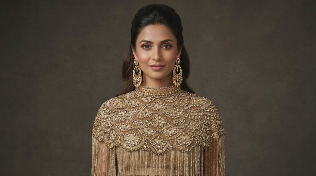 The "Starlight Cascade" Beaded Fringe Cape, Gold