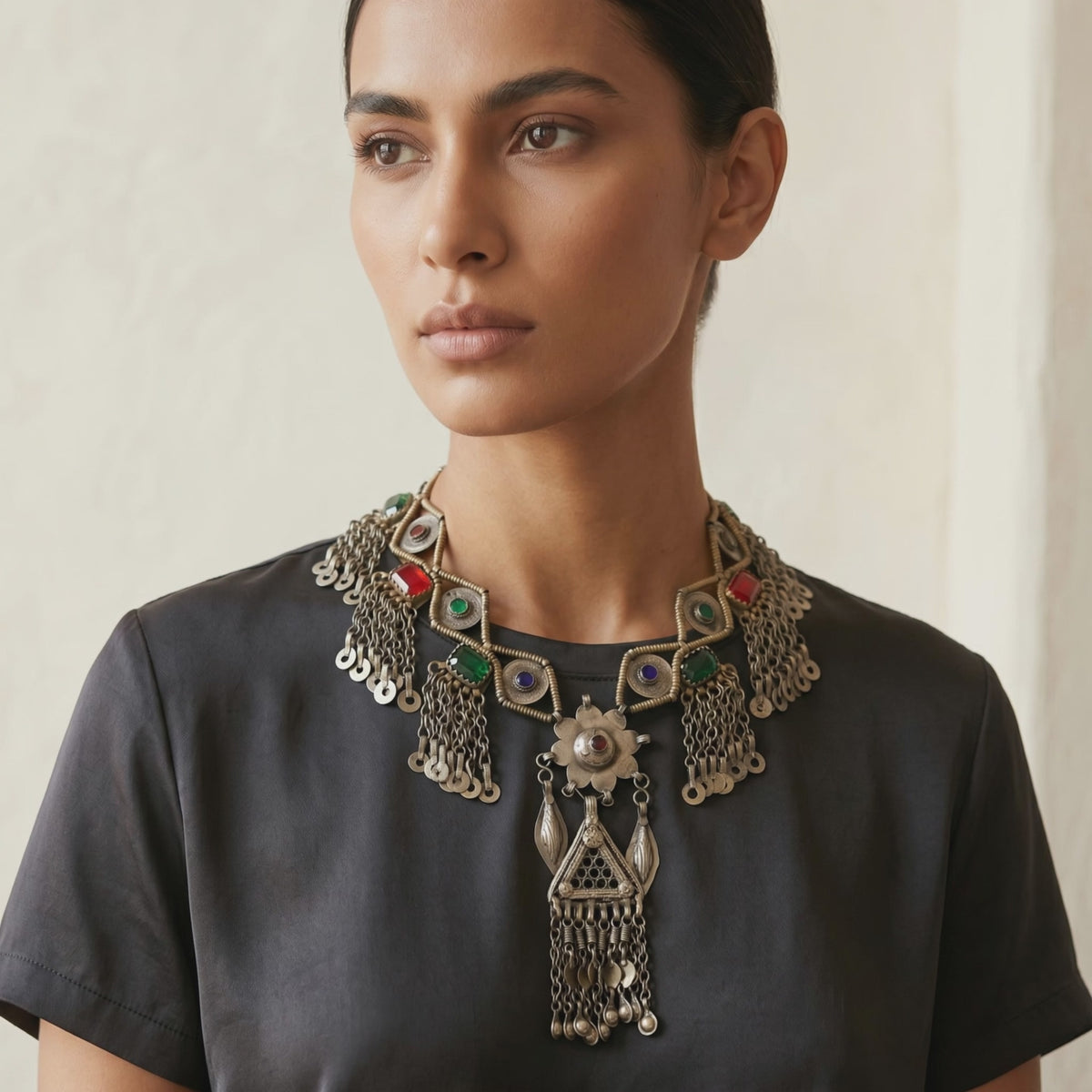 Vintage Afghan Tribal Bib Necklace, Antique Brass Kuchi Statement Pendant
