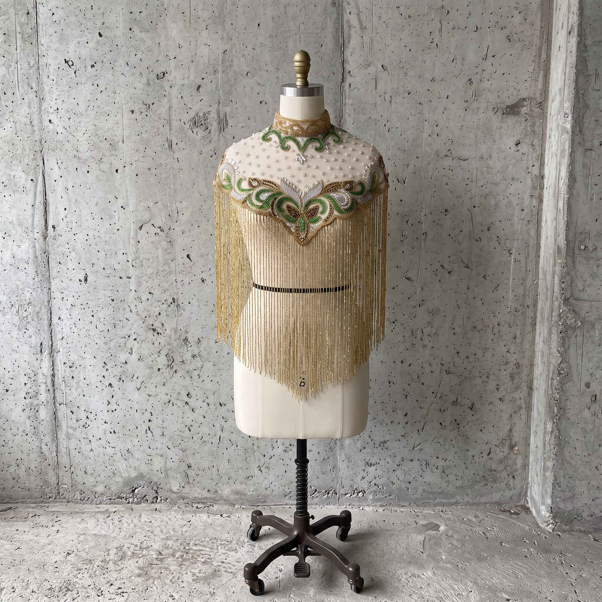 The Verdelle | Hand-Beaded Emerald Fringe Capelet