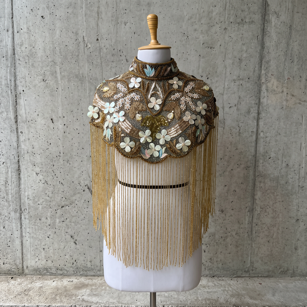 The Elowen | Hand-Beaded Botanical Fringe Cape