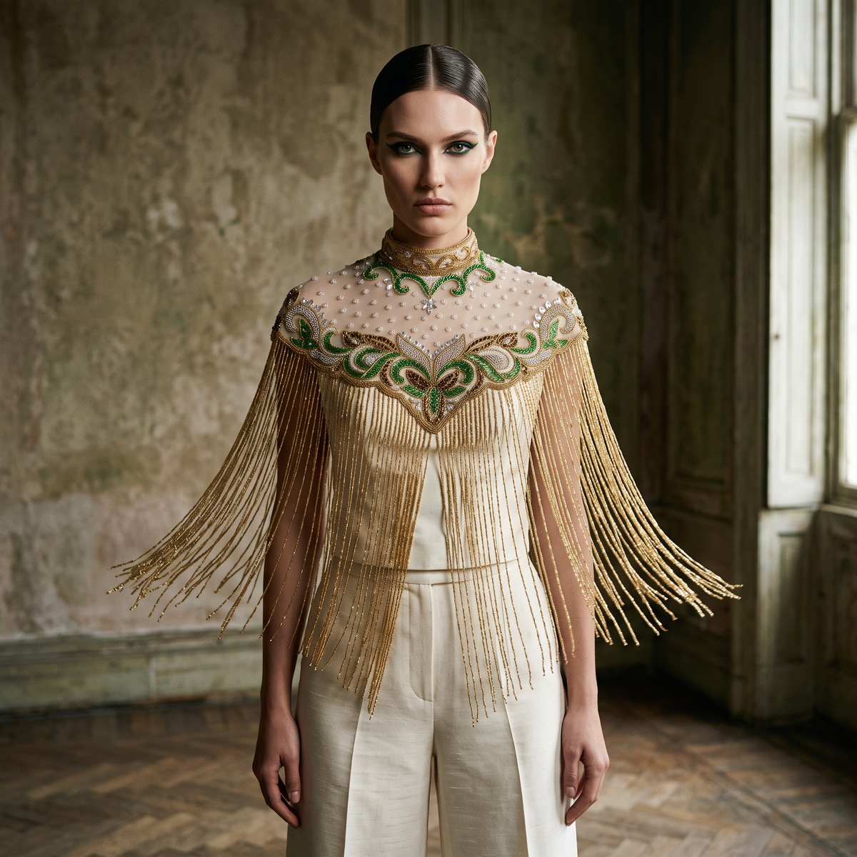 The Verdelle | Hand-Beaded Emerald Fringe Capelet
