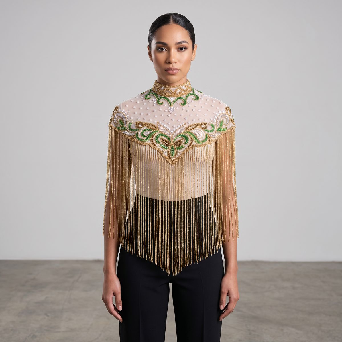 The Verdelle | Hand-Beaded Emerald Fringe Capelet