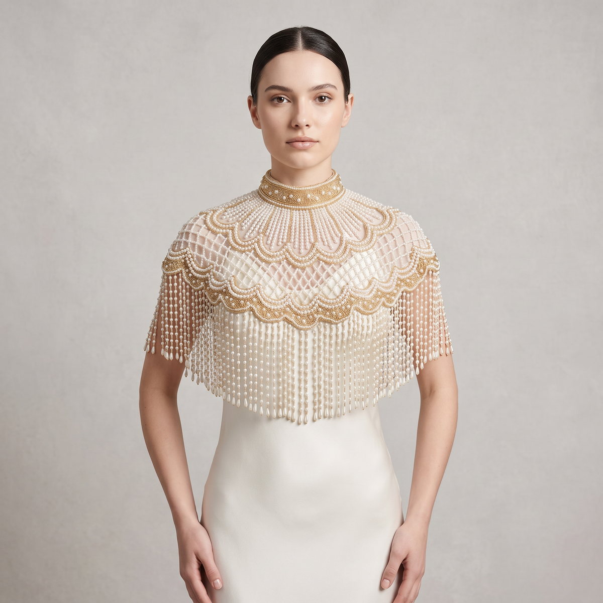 The Margaux | Pearl & Gold Beaded Fringe Capelet