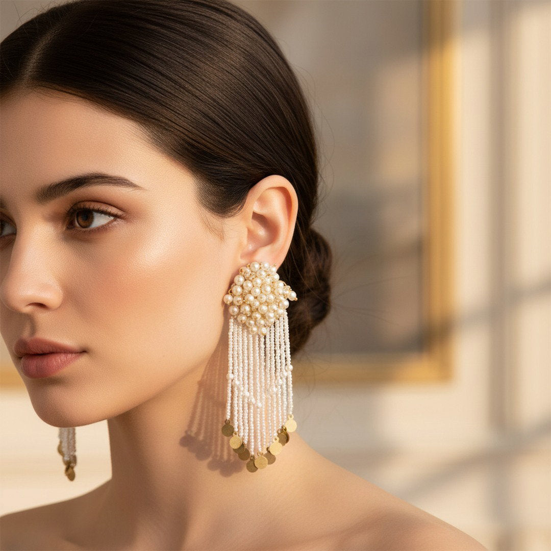 The Champagne Cascade – Hand-Embroidered Pearl Fringe Statement Earrings